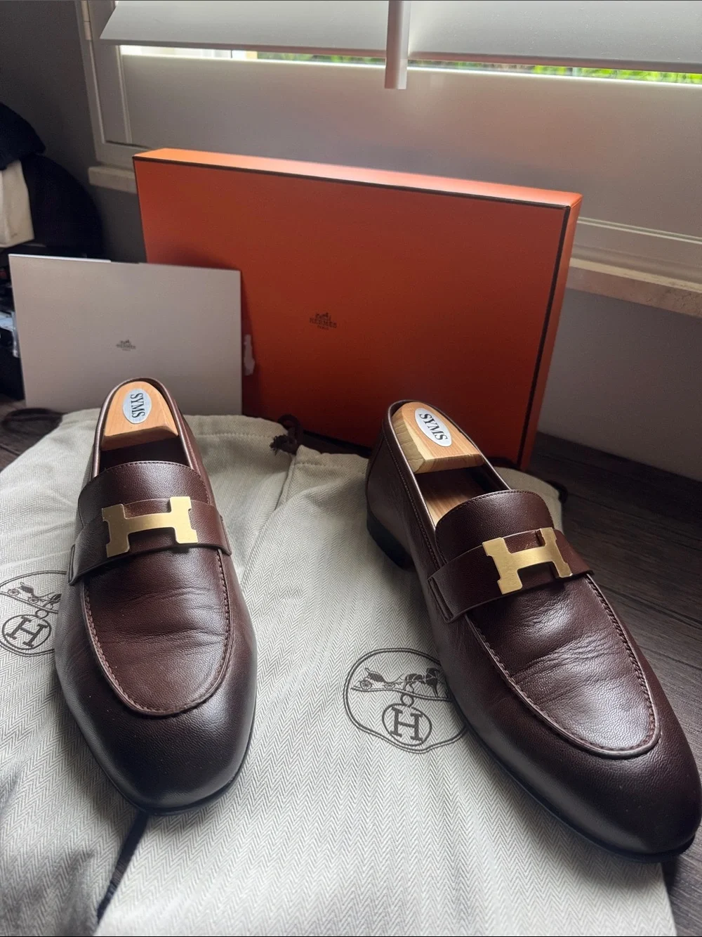 Hermes Brown Leather Loafers with Gold H Buckle